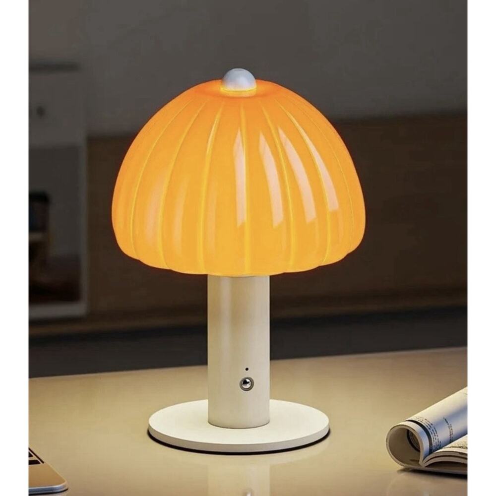 Cordless Mushroom Glass Table Lamp Orange Touch 3-Color LED Rechargeable 7.8”